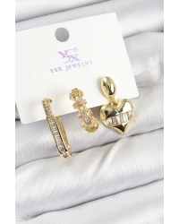 Pirinç Zİrkon Taşlı Kalp Model Gold Renk 3lü Kadın Küpe