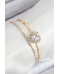 Pirinç Zirkon Taşlı Kalp Model Gold Renk Kadın Bileklik