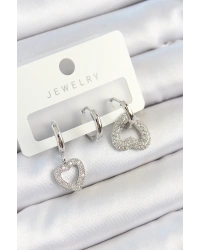 Pirinç Zirkon Taşlı Kalp Model Gümüş Renk 3lü Çift Kadın Küpe Set