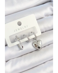 Pirinç Zirkon Taşlı Kalp Model Gümüş Renk 3lü Çift Kadın Küpe Set