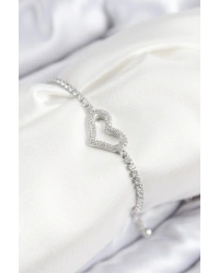 Pirinç Zirkon Taşlı Kalp Model Gümüş Renk Asansörlü Kadın Bileklik