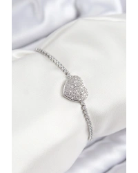 Pirinç Zirkon Taşlı Kalp Model Gümüş Renk Asansörlü Kadın Bileklik