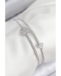 Pirinç Zirkon Taşlı Kalp Model Gümüş Renk Kadın Bileklik