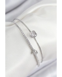 Pirinç Zirkon Taşlı Kalp Model Gümüş Renk Kadın Bileklik