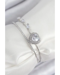 Pirinç Zirkon Taşlı Kalp Model Gümüş Renk Kadın Bileklik