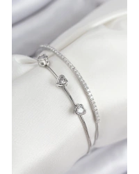 Pirinç Zirkon Taşlı Kalp Model Gümüş Renk Kadın Bileklik