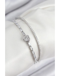 Pirinç Zirkon Taşlı Kalp Model Gümüş Renk Kadın Bileklik