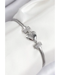 Pirinç Zirkon Taşlı Kalp Model Gümüş Renk Kadın Bileklik