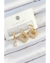 Pirinç Zirkon Taşlı Kare Model Gold Renk 3lü Çift Kadın Küpe Set