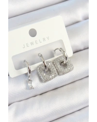 Pirinç Zirkon Taşlı Kare Model Gümüş Renk 3lü Çift Kadın Küpe Set