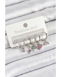 Pirinç Zirkon Taşlı Karpuz Yonca Kalp Pusula Karışık Model Gümüş Renk 6lı Set Kadın Küpe