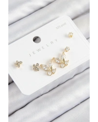 Pirinç Zirkon Taşlı Kelebek Model Gold Renk 925 Ayar Gümüş Çivi Kadın Küpe Set