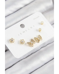 Pirinç Zirkon Taşlı Kelebek Model Gold Renk 925 Ayar Gümüş Çivi Kadın Küpe Set