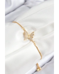 Pirinç Zirkon Taşlı Kelebek Model Gold Renk Asansörlü Kadın Bileklik