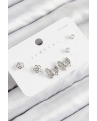 Pirinç Zirkon Taşlı Kelebek Model Gümüş Renk 925 Ayar Gümüş Çivi Kadın Küpe Set
