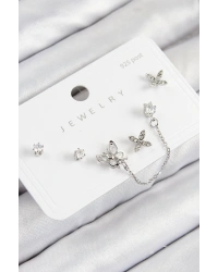 Pirinç Zirkon Taşlı Kelebek Model Gümüş Renk 925 Ayar Gümüş Çivi Kadın Küpe Set