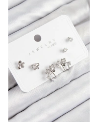 Pirinç Zirkon Taşlı Kelebek Model Gümüş Renk 925 Ayar Gümüş Çivi Kadın Küpe Set