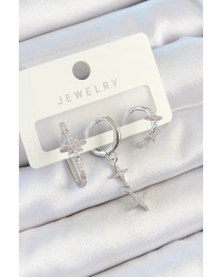 Pirinç Zirkon Taşlı Kelebek Ve Sallantılı Yıldız Model Gümüş Renk 3lü Çift Kadın Küpe Set