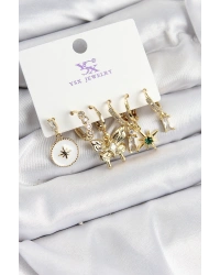 Pirinç Zİrkon Taşlı Kelebek ve Yıldız Model Gold Renk 3lü Çift Kadın Küpe