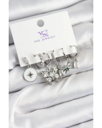 Pirinç Zİrkon Taşlı Kelebek ve Yıldız Model Gümüş Renk 3lü Çift Kadın Küpe