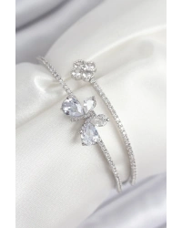 Pirinç Zirkon Taşlı Kelebek Ve Yonca Model Gümüş Renk Kadın Bileklik