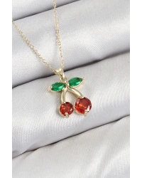 Pirinç Zirkon Taşlı Kiraz Model Gold Renk Kadın Kolye