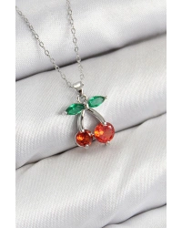 Pirinç Zirkon Taşlı Kiraz Model Gümüş Renk Kadın Kolye