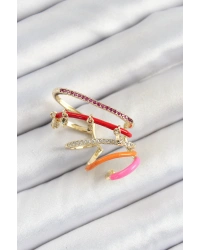 Pirinç Zirkon Taşlı Kırmızı Turuncu Pembe Sıkıştırma Sağ Kıkırdak Gold Renk Kadın Küpe