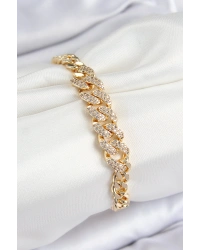 Pirinç Zirkon Taşlı Küba Zincir Model Gold Renk Kadın Bileklik