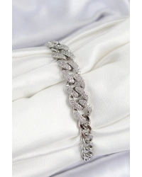 Pirinç Zirkon Taşlı Küba Zincir Model Gümüş Renk Kadın Bileklik