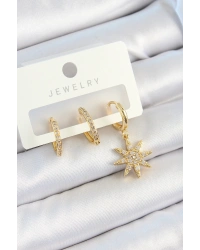 Pirinç Zirkon Taşlı Kutup Yıldızı Model Gold Renk 3lü Çift Kadın Küpe Set