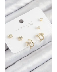 Pirinç Zirkon Taşlı Kutup Yıldızı Model Gold Renk 925 Ayar Gümüş Çivi Kadın Küpe Set