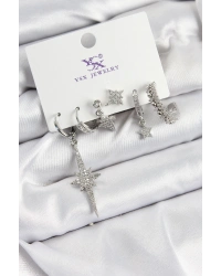 Pirinç Zİrkon Taşlı Kutup Yıldızı Model Gümüş Renk 3lü Çift Kadın Küpe