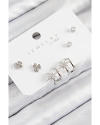 Pirinç Zirkon Taşlı Kutup Yıldızı Model Gümüş Renk 925 Ayar Gümüş Çivi Kadın Küpe Set