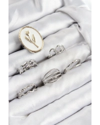 Pirinç Zirkon Taşlı Lale Model Gümüş Renk Kadın Yüzük Kombin Set