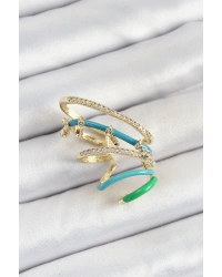 Pirinç Zirkon Taşlı Mavi Yeşil Sıkıştırma Sağ Kıkırdak Gold Renk Kadın Küpe