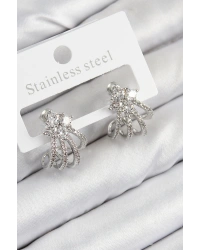 Pirinç Zirkon Taşlı Model Gümüş Renk Kadın Küpe