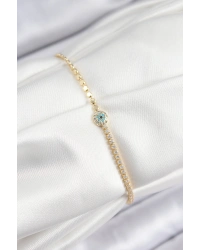 Pirinç Zirkon Taşlı Nazar Model Ezme Zincir Gold Renk Kadın Bileklik