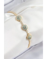 Pirinç Zirkon Taşlı Nazar Model Gold Renk Kadın Bileklik