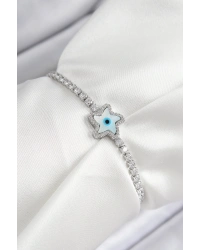 Pirinç Zirkon Taşlı Nazar Yıldız Model Gümüş Renk Asansörlü Kadın Bileklik