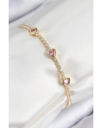 Pirinç Zirkon Taşlı Pembe Kalp Model Gold Renk Kadın Bileklik