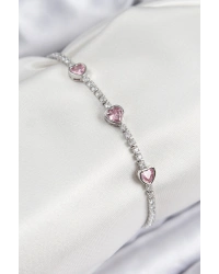 Pirinç Zirkon Taşlı Pembe Kalp Model Gümüş Renk Kadın Bileklik