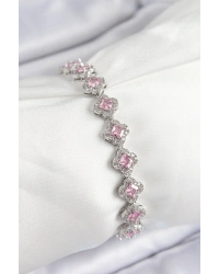 Pirinç Zirkon Taşlı Pembe Yonca Baget Model Gümüş Renk VIP Seri Kadın Bileklik