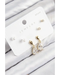 Pirinç Zirkon Taşlı Sallantılı Damla Model Gold Renk 925 Ayar Gümüş Çivi Kadın Küpe Set