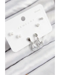 Pirinç Zirkon Taşlı Sallantılı Damla Model Gümüş Renk 925 Ayar Gümüş Çivi Kadın Küpe Set