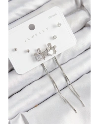 Pirinç Zirkon Taşlı Sallantılı Fiyonk Model Gümüş Renk 925 Ayar Gümüş Çivi Kadın Küpe Set