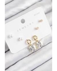 Pirinç Zirkon Taşlı Sallantılı Kare Model Gold Renk 925 Ayar Gümüş Çivi Kadın Küpe Set