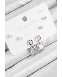 Pirinç Zirkon Taşlı Sallantılı Kare Model Gümüş Renk 925 Ayar Gümüş Çivi Kadın Küpe Set