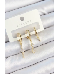 Pirinç Zirkon Taşlı Sallantılı Model Gold Renk 3lü Çift Kadın Küpe Set