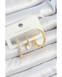 Pirinç Zirkon Taşlı Sallantılı Model Gold Renk 3lü Çift Kadın Küpe Set
